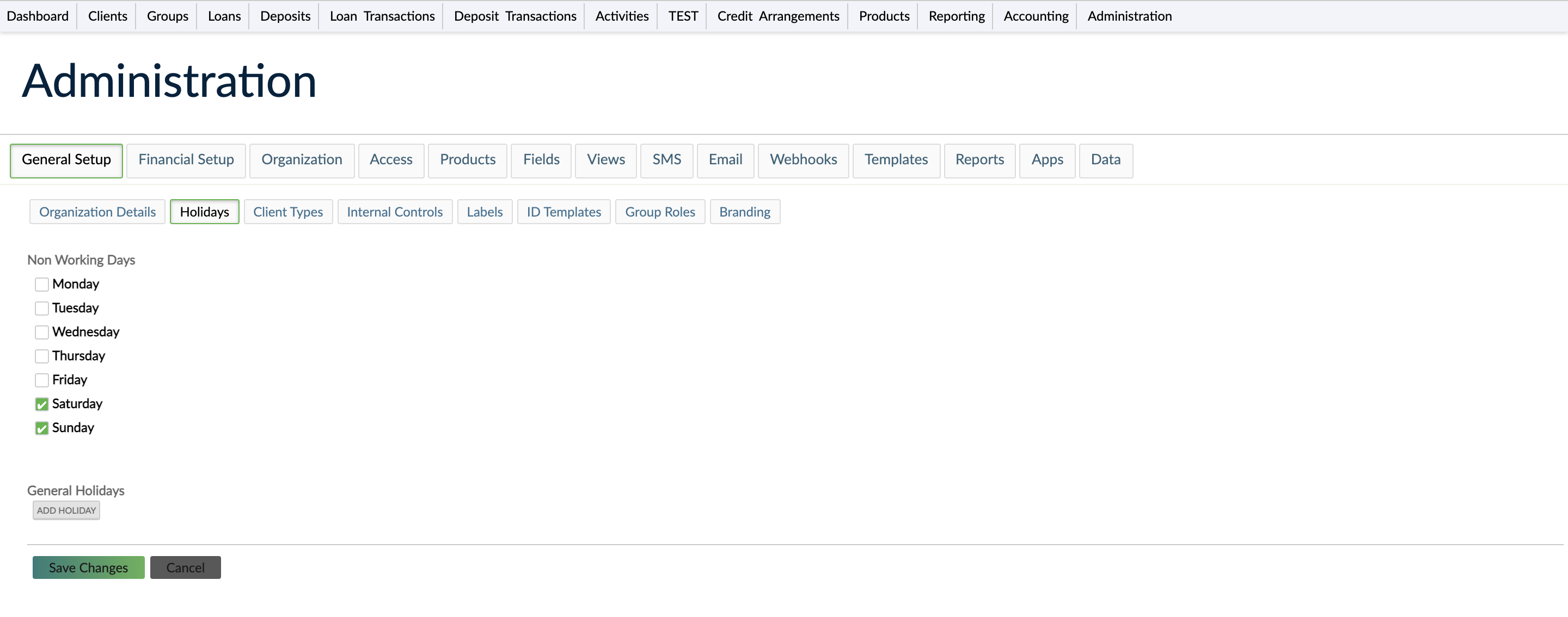 Holidays section with Saturday and Sunday selected as non-working days